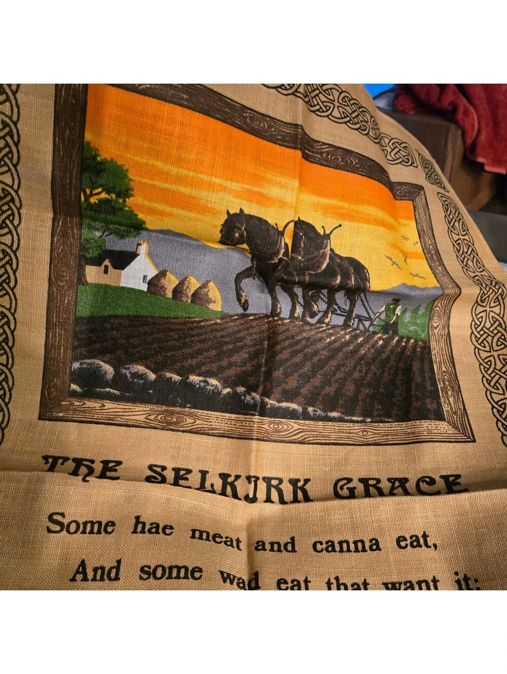Vintage Linen Tea Towel with Selkirk Grace and Scottish Cottage Design